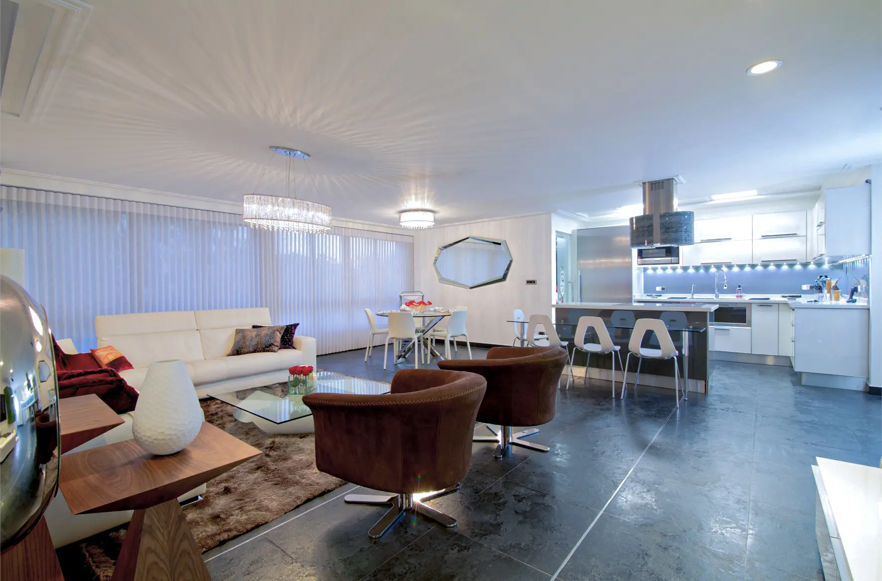 Full view of living room and kitchen