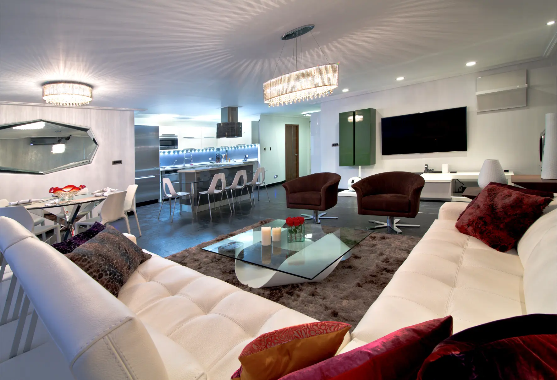 Full view of living room and kitchen