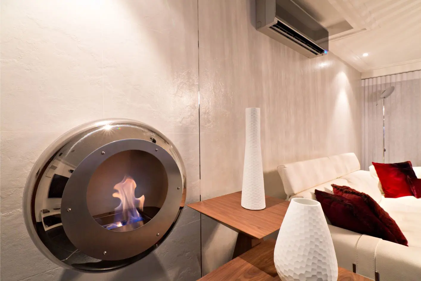 Lit fireplace