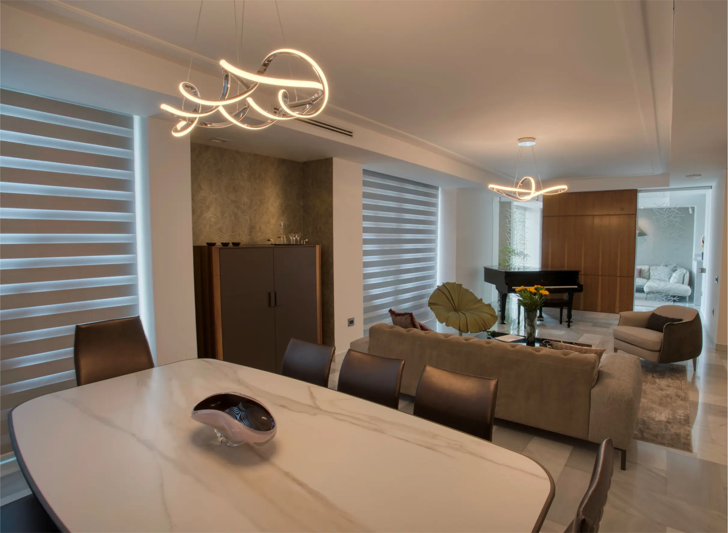 Dining room with closed bar in background