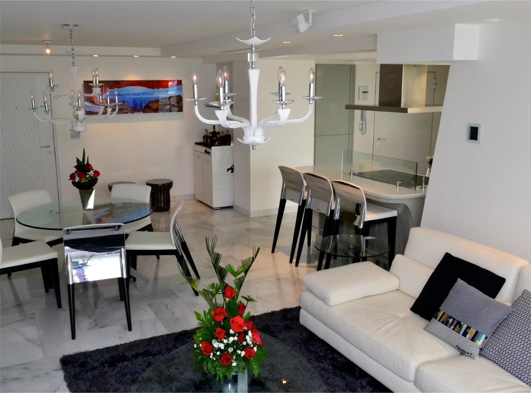 Full view of dining room and kitchen