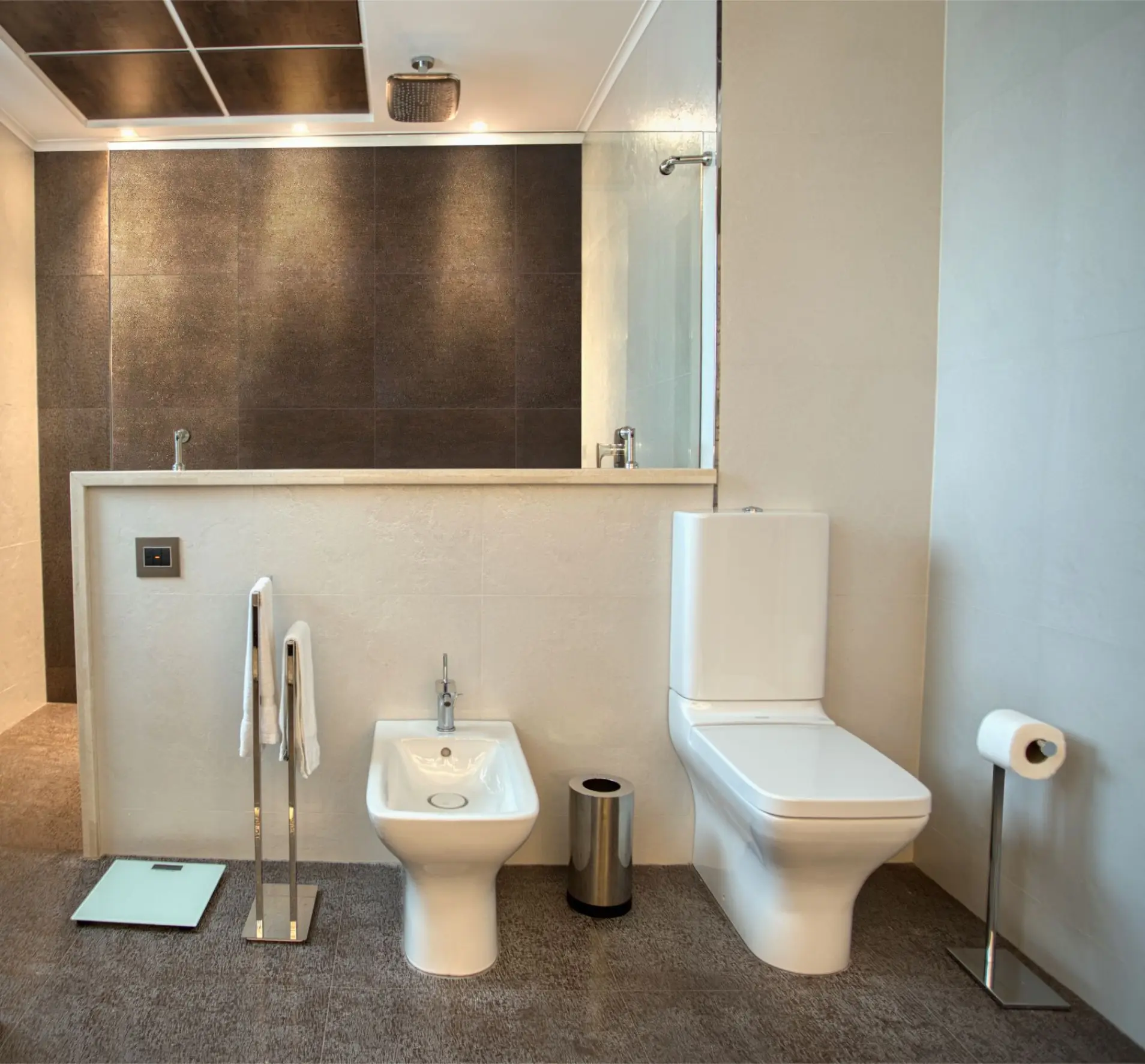 Toilet and bidet with shower in background