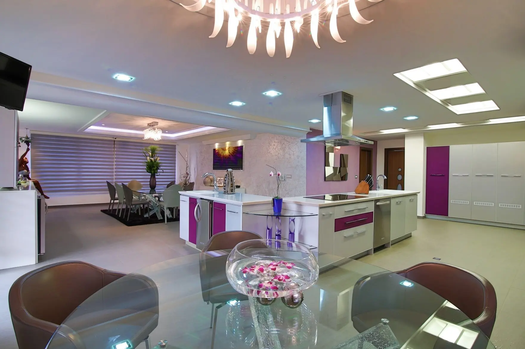 View of the kitchen from crystal table