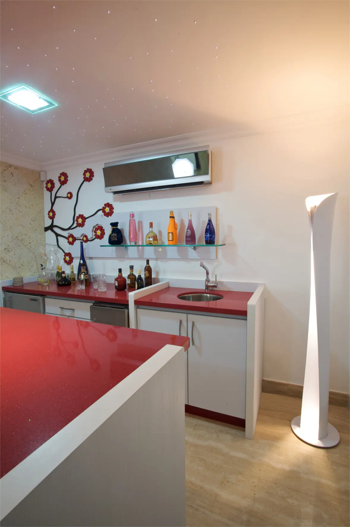 White bar with red top and white sculpture