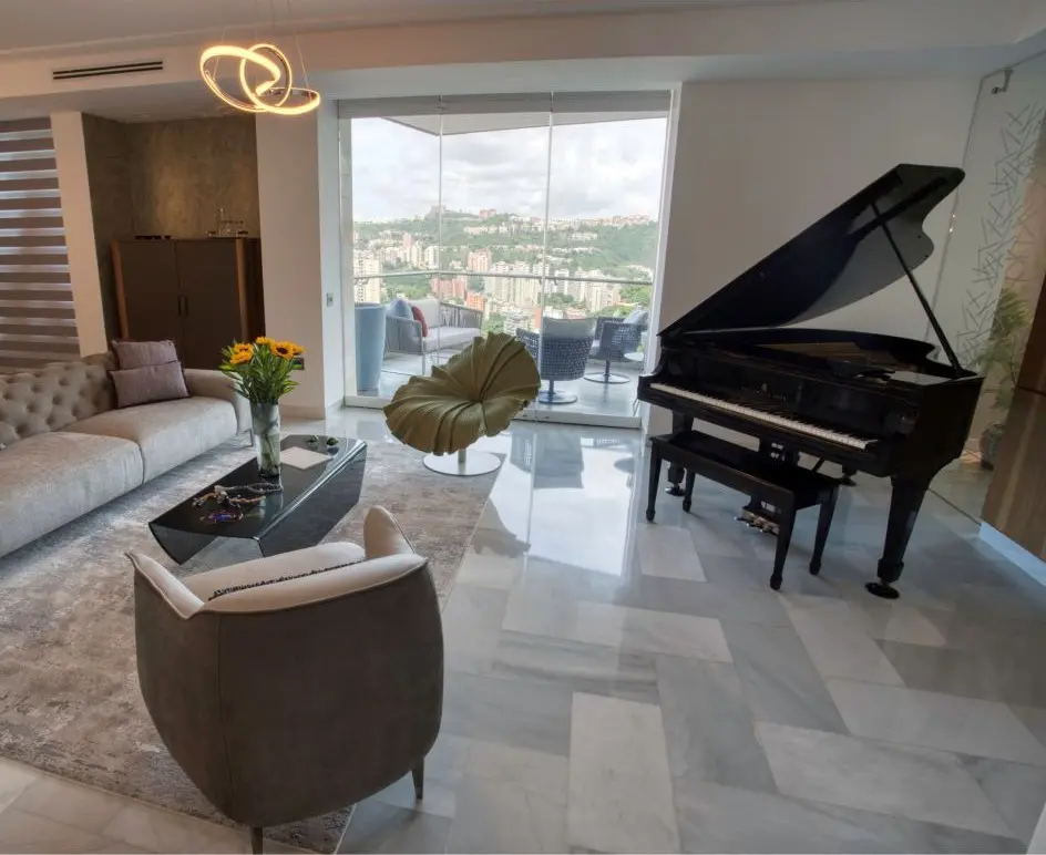 Living room with grand piano